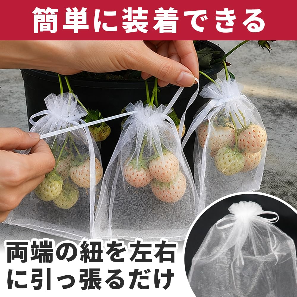 紐を左右に引いて果実保護ネットを装着する様子